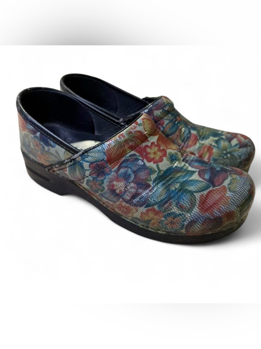 Dansko Pink Blue Floral Embossed Leather Clogs Nursing Work Shoe Sz 42 / 11.5-12